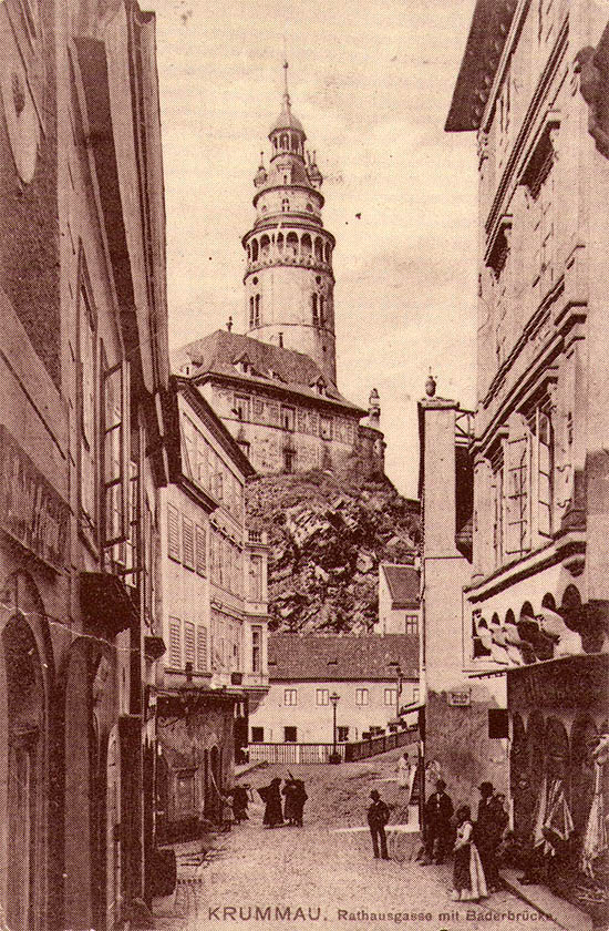 Radniční-Gasse (Rathausgasse) in Český Krumlov, ein historisches Foto