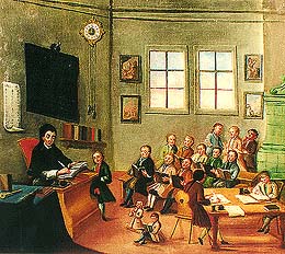 Schule in Zlatá Koruna, Lehrmittel aus dem 18. Jahrhundert, Abbildung einer Schule 