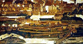 Cut out of inlay of town, shows gardens at suburb Plešivec, around 1670, Chateau Č. krumlov, author: anonymous  