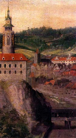Český Krumlov, die älteste bekannte Ikonografie des Schlossturmes und der Kleinen Burg, Detail vom Porträt des Johann von Pernstein, Autor Bartoloměj Beránek - Jelínek, 1590 