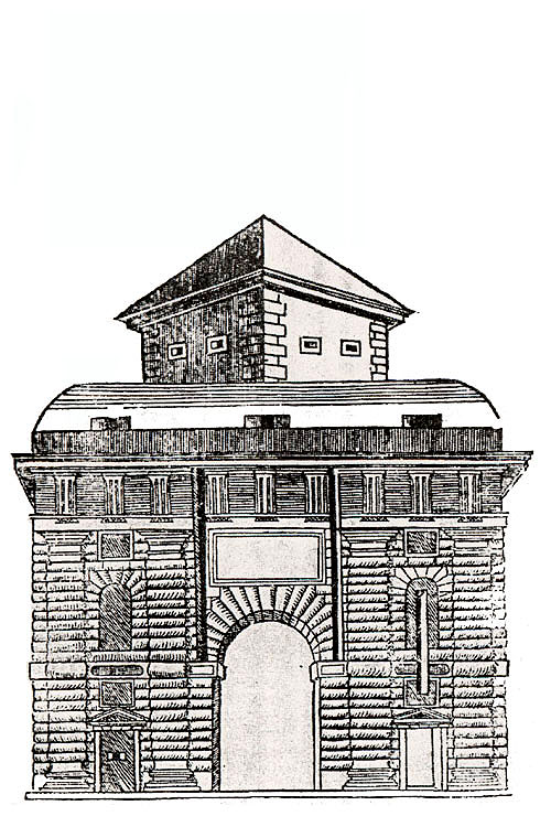 Návrh městské brány, knižní návrh, zdroj: Arteco B.M. s.r.o., autor: S. Serlio, italský architekt, 