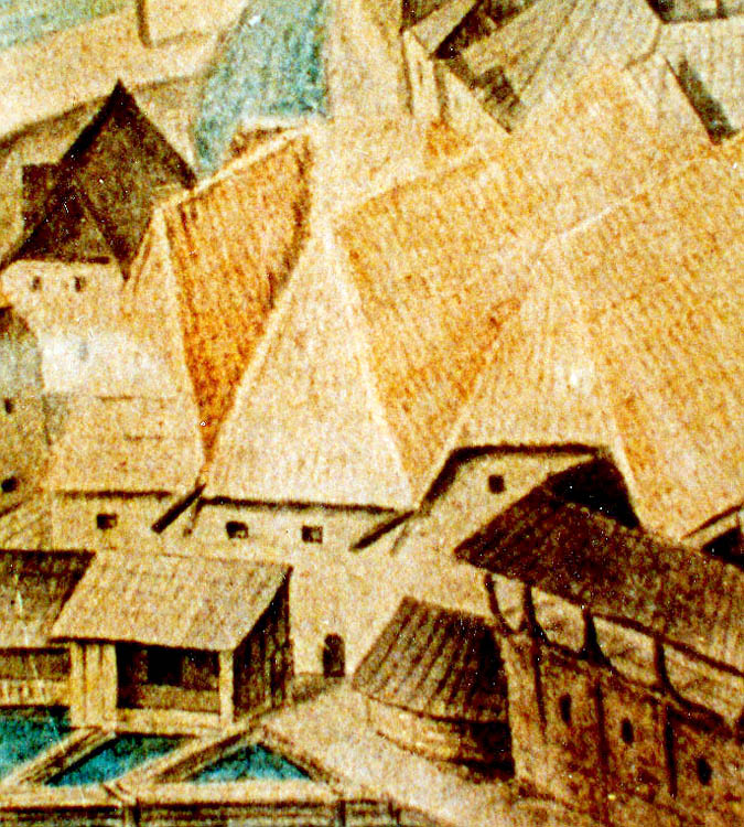 Široká čp. 80, ikonografie, ČK od jihozápadu, na výřezu jsou patrné dvě zvalbené střechy mlýnské budovy , zdroj: StOA Třeboň, pob. ČK, autor: G.A. Horner, 1743