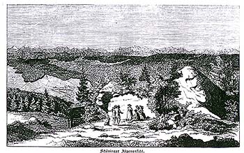 Berg Kleť, Blick vom Gipfel nach Südosten - Alpenaussicht, historische Illustration, foto:  E. Herold 