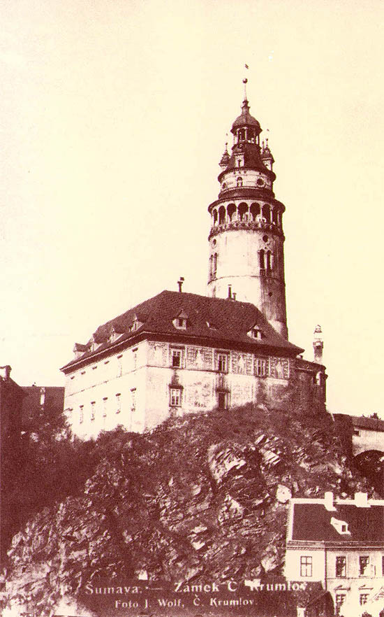 Český Krumlov Castle from Lazebnický bridge, historical photo by Josef Wolf
