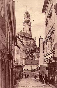 Radniční-Gasse (Rathausgasse) in Český Krumlov, ein historisches Foto 
