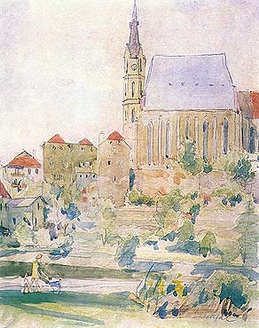 Bohuslav Coufal, kostel sv. Víta ve městě Český Krumlov, akvarel 