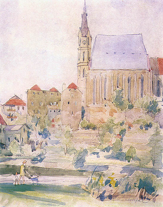 Bohuslav Coufal, kostel sv. Víta ve městě Český Krumlov, akvarel