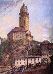 Ferdinand Runk, Český Krumlov Castle with Lazebnický bridge and Castle tower, gouache, beginn of the 19th century 