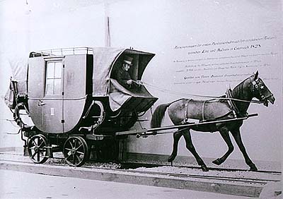 Horse-drawn railway, model of covered carriage Hanibal, designed for personal transport 