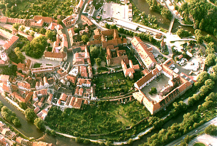 Český Krumlov, Brewery Gardens, aerial view