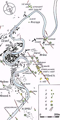 Český Krumlov and surroundings, map of old mines where silver and gold were mined 