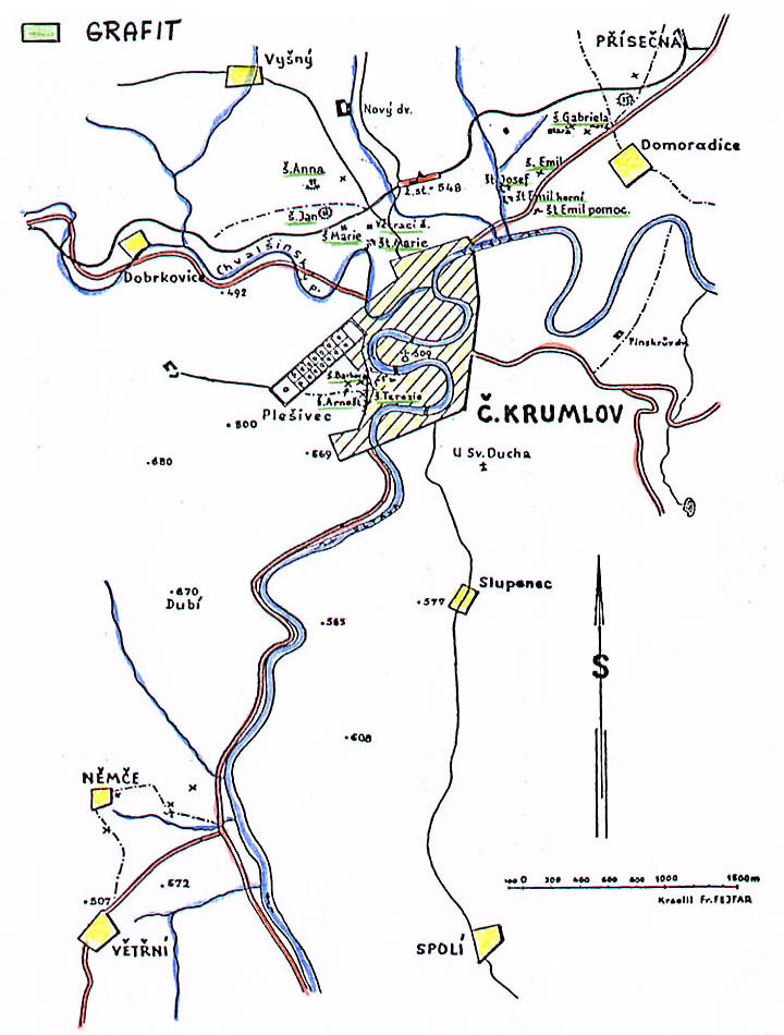 Český Krumlov and surroundings, map of mine works
