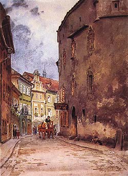 Vilém Fischer, pohled do Dlouhé ulice v Českém Krumlově s budovou Vlašského dvora v popředí, akvarel 