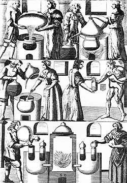 Alchemists in the laboratory, period illustration 