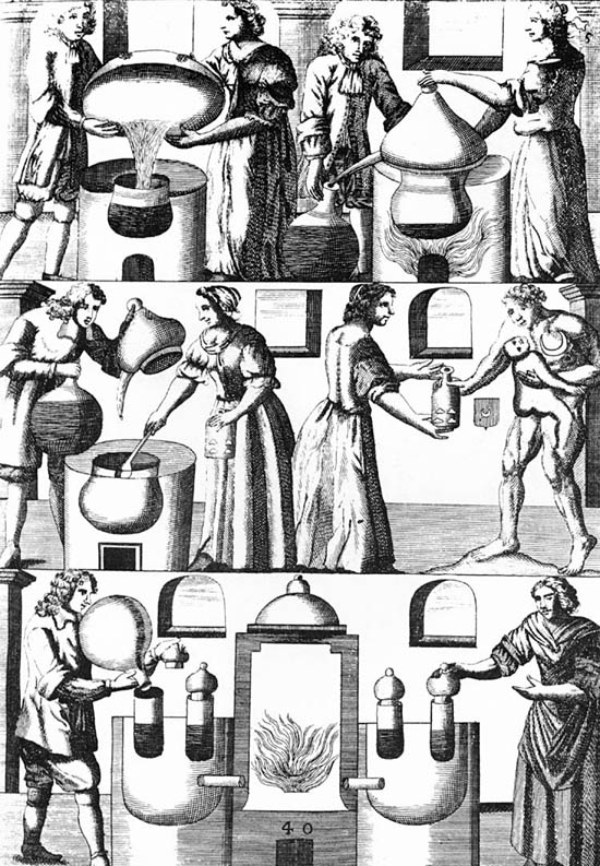Alchimisten im Labor, zeitgenössische Illustration
