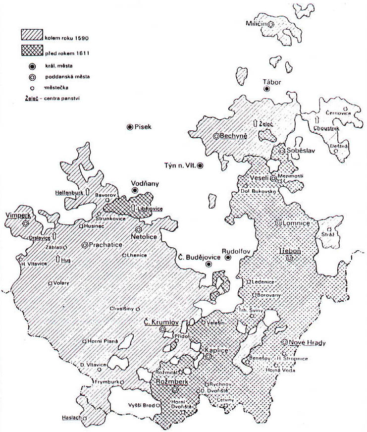 Karte des Umfangs der Rosenbergischen Herrschaft in den Jahren 1590 und 1611