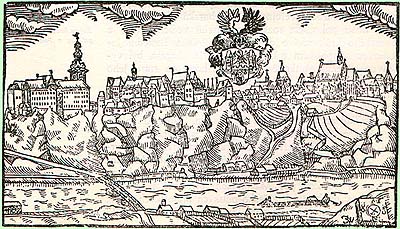 Jan Willenberg, Bechyně, Vedute aus dem Jahre 1602, im Vordergrund ein Floß auf dem Fluss 