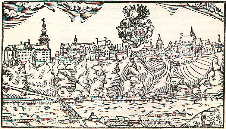 Jan Willenberg, Bechyně, Vedute aus dem Jahre 1602, im Vordergrund ein Floß auf dem Fluss