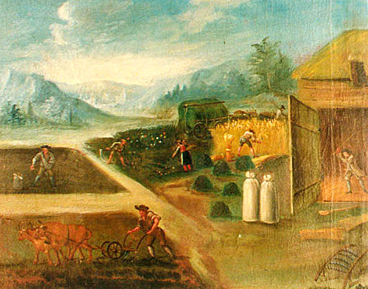 Zlatokorunská škola, učební pomůcka z 18. století, vyobrazení zemědělských prací