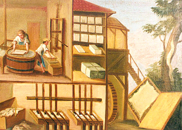 Zlatokorunská škola, učební pomůcka z 18. století, vyobrazení výroby papíru