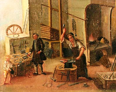 Zlatá Koruna school, classroom aid from 18th century, picture of blacksmith craft 