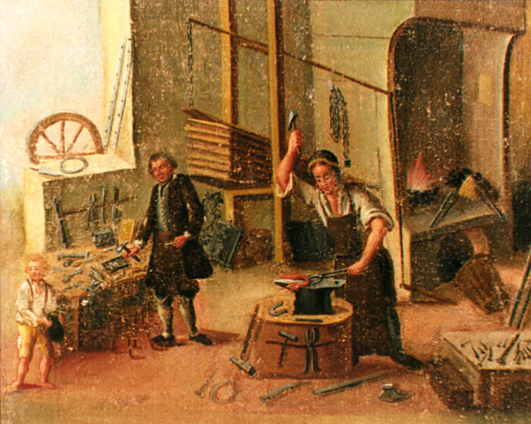 Zlatokorunská škola, učební pomůcka z 18. století, vyobrazení kovářského řemesla