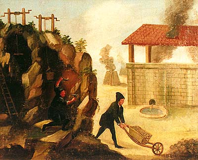 Schule in Zlatá Koruna, Lehrmittel aus dem 18. Jahrhundert, Abbildung der Bergarbeit im Bergwerk 