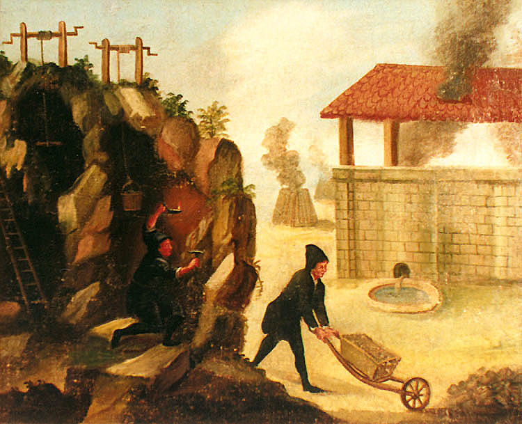 Schule in Zlatá Koruna, Lehrmittel aus dem 18. Jahrhundert, Abbildung der Bergarbeit im Bergwerk