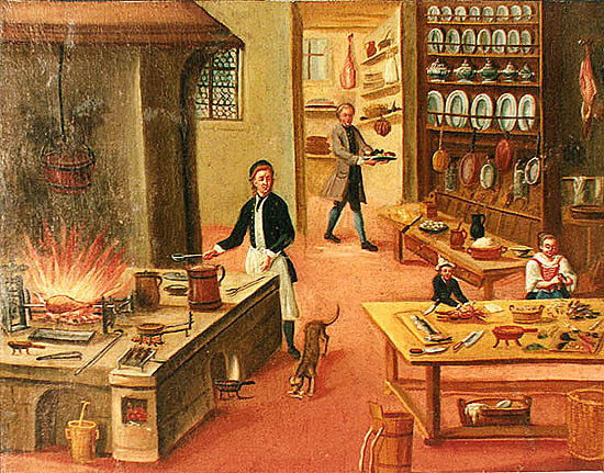 Zlatá Koruna school, classroom aid from 18th century, picture of burgher's kitchen