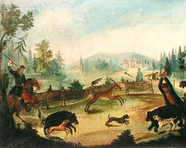 Zlatá Koruna school, classroom aid from 18th century, picture of hunt