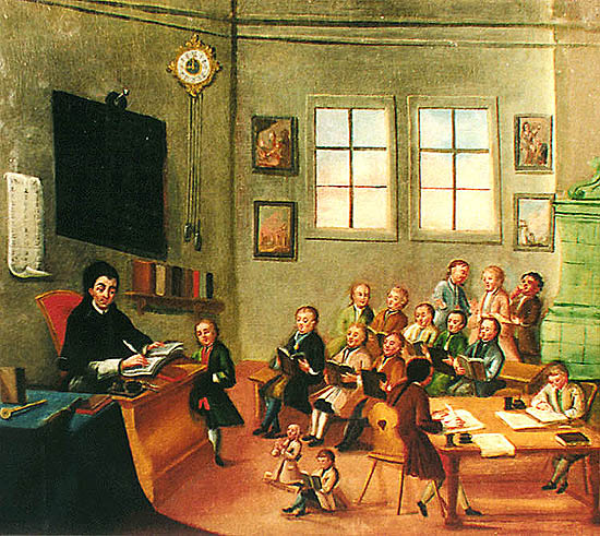 Zlatá Koruna school, classroom aid from 18th century, picture of school