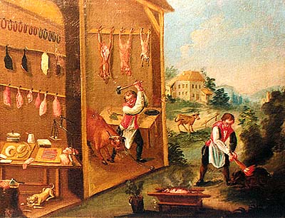 Zlatá Koruna school, classroom aid from 18th century, picture of cattle slaughter 