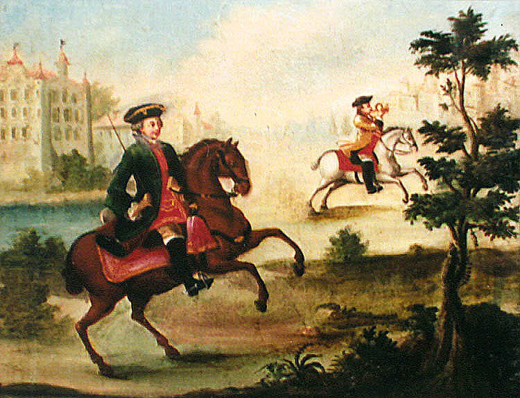 Zlatokorunská škola, učební pomůcka z 18. století, vyobrazení jezdců na koni