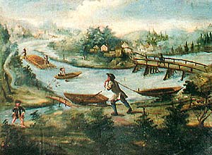 Zlatá Koruna school, classroom aid from 18th century, picture of water transport 