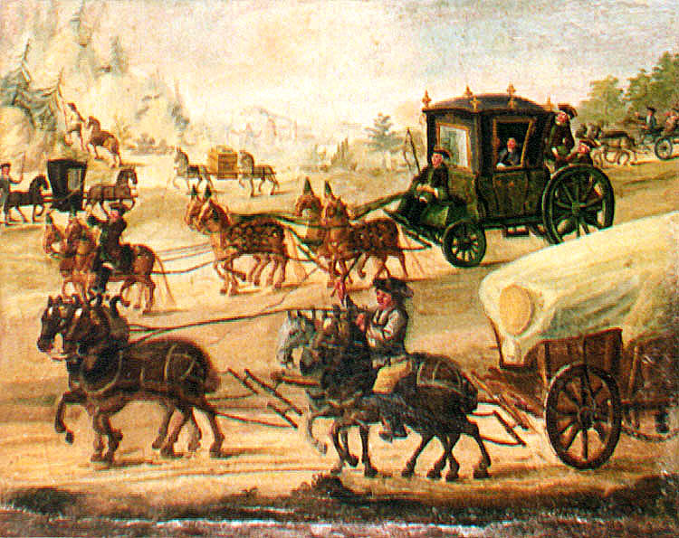 Schule in Zlatá Koruna, Lehrmittel aus dem 18. Jahrhundert, Abbildung der zeitgenössischen Verkehrsmittel