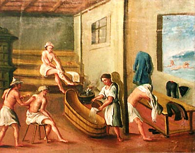 Zlatá Koruna school, classroom aid from 18th century, picture of spa scenes 