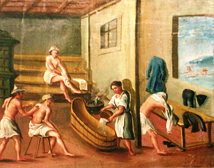 Schule in Zlatá Koruna, Lehrmittel aus dem 18. Jahrhundert, Abbildung einer Szene im Bad