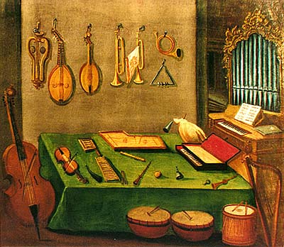 Zlatokorunská škola, učební pomůcka z 18. století, vyobrazení dobových hudebních nástrojů 
