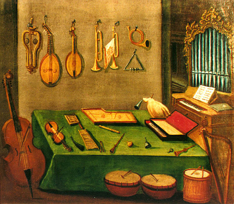 Zlatá Koruna school, classroom aid from 18th century, picture of period musical instruments