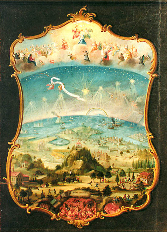 Schule in Zlatá Koruna, Lehrmittel aus dem 18. Jahrhundert, Abbildung des Himmels, der Erde und der Hölle
