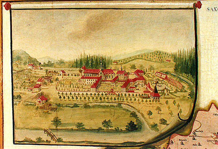 Zlatá Koruna school, classroom aid from 18th century, picture of previous appearance of the Zlatá Koruna Monastery