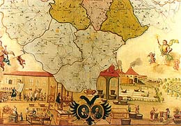 Schule in Zlatá Koruna, Lehrmittel aus dem 18. Jahrhundert, Ansicht der Schule und ein Teil einer Karte 