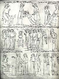 Liber depictus, Český Krumlov early 14th century, St. Vitus and jugglers 