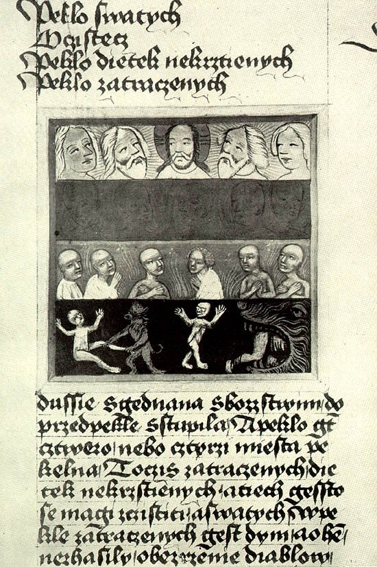 Krumlovský sborník, počátek 15. století, ďábel přistrkuje hříšníky do pekelné tlamy