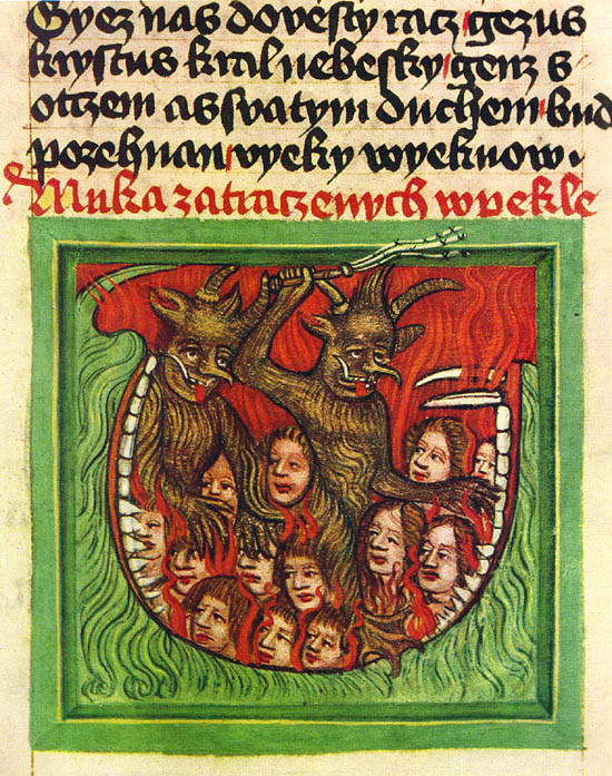 Krumauer Bilderkodex, Anfang des 15. Jahrhunderts, die Höllenpforte in der Gestalt eines Drachenrachens 