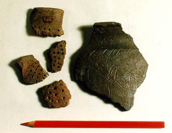Boletice surroundings, fragments of the primeval colander and a fragment of the lard-pot dating from the early Middle Ages, K. Brdlík´s archaeological researches. The Collection Fund of the Český Krumlov District History and Geography Museum.
