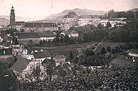 Schloss und Stadt Český Krumlov, Ansicht von der Aussicht bei Vyšehrad, ein historisches Foto 