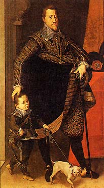 Ferdinand II. von Habsburg, Porträt mit dem Hofzwerg und mit einem Hund 