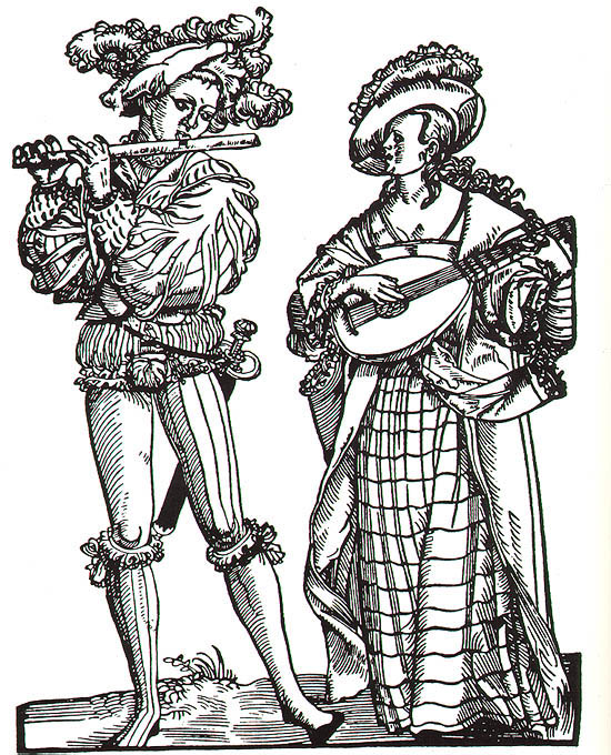 Zeitgenössische Szene, Flötenspieler und Lautenspielerin, 1543