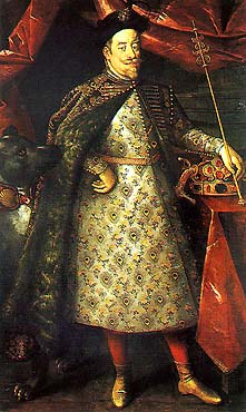 Matthias von Habsburg im Krönungsmantel, mit den Kleinodien der böhmischen Könige 